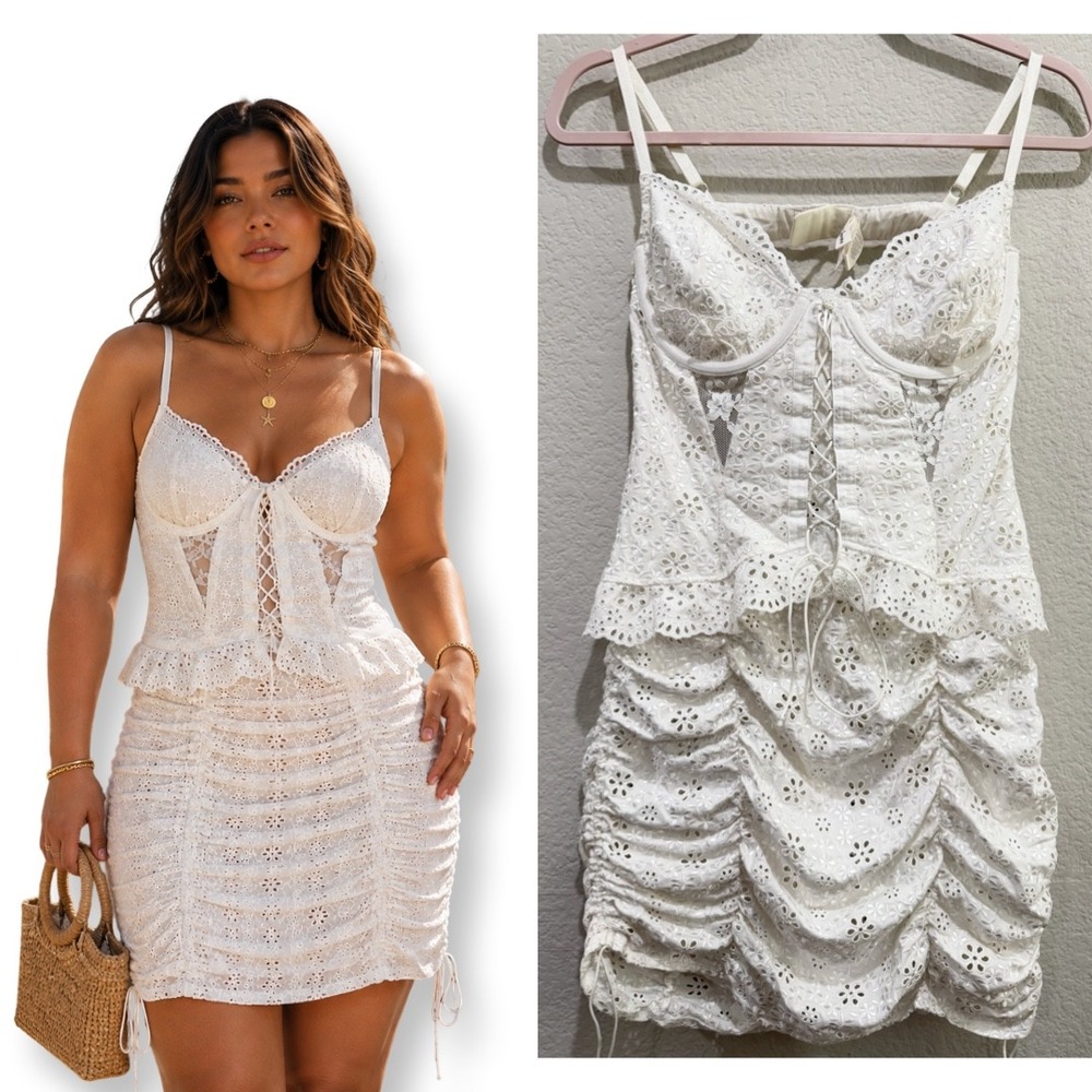 For Love & Lemons Corset Bustier Dress White Large Eyelet Lace Coquette Romantic